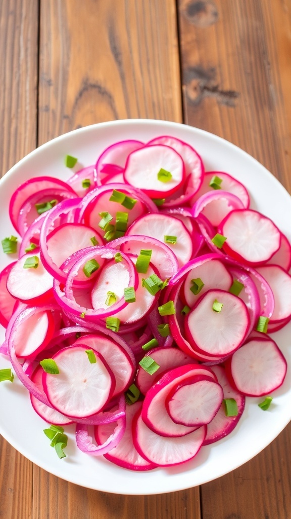 Onion and Pink Color Combination in Cooking A colorful salad with red onions and pink radishes garnished with herbs on a rustic table.